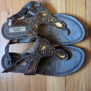 Vera Wang Gold Bronze Strappy Wedge Sandals Sparkly Gems